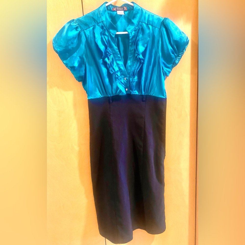 Trixxi pencil-line teal ruffled dress, size S/P